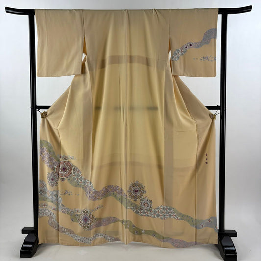 訪問服 身長167cm 袖長62cm S 雙層 帝王紫 落款あり 華紋 花唐草紋 刺繡 金絲 米色 純蠶絲 逸品級