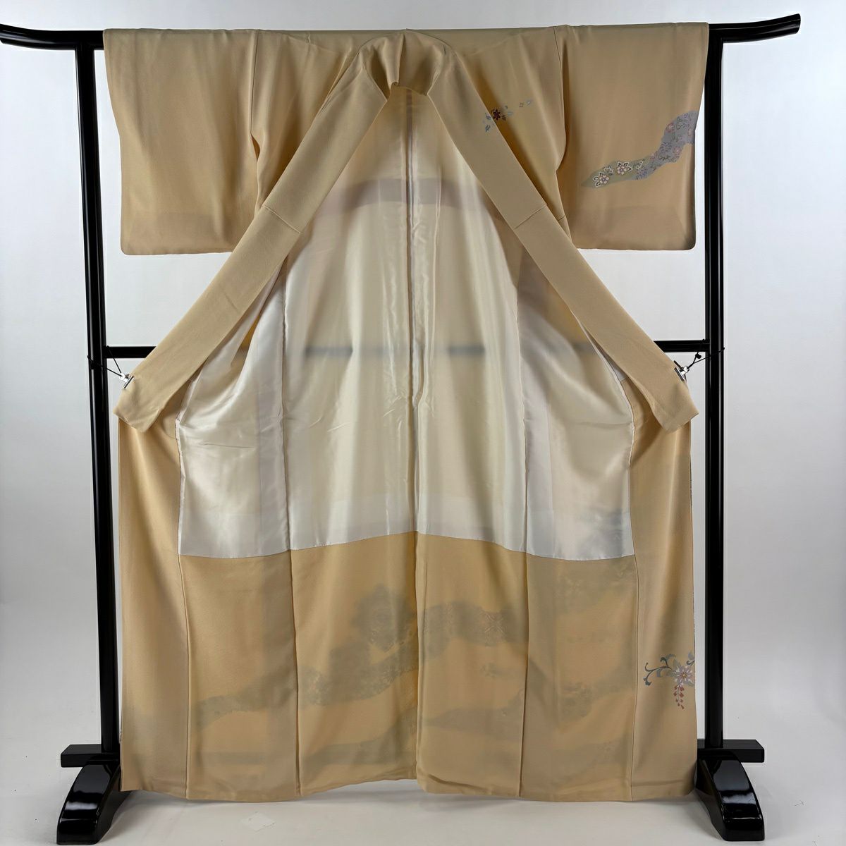 訪問服 身長167cm 袖長62cm S 雙層 帝王紫 落款あり 華紋 花唐草紋 刺繡 金絲 米色 純蠶絲 逸品級