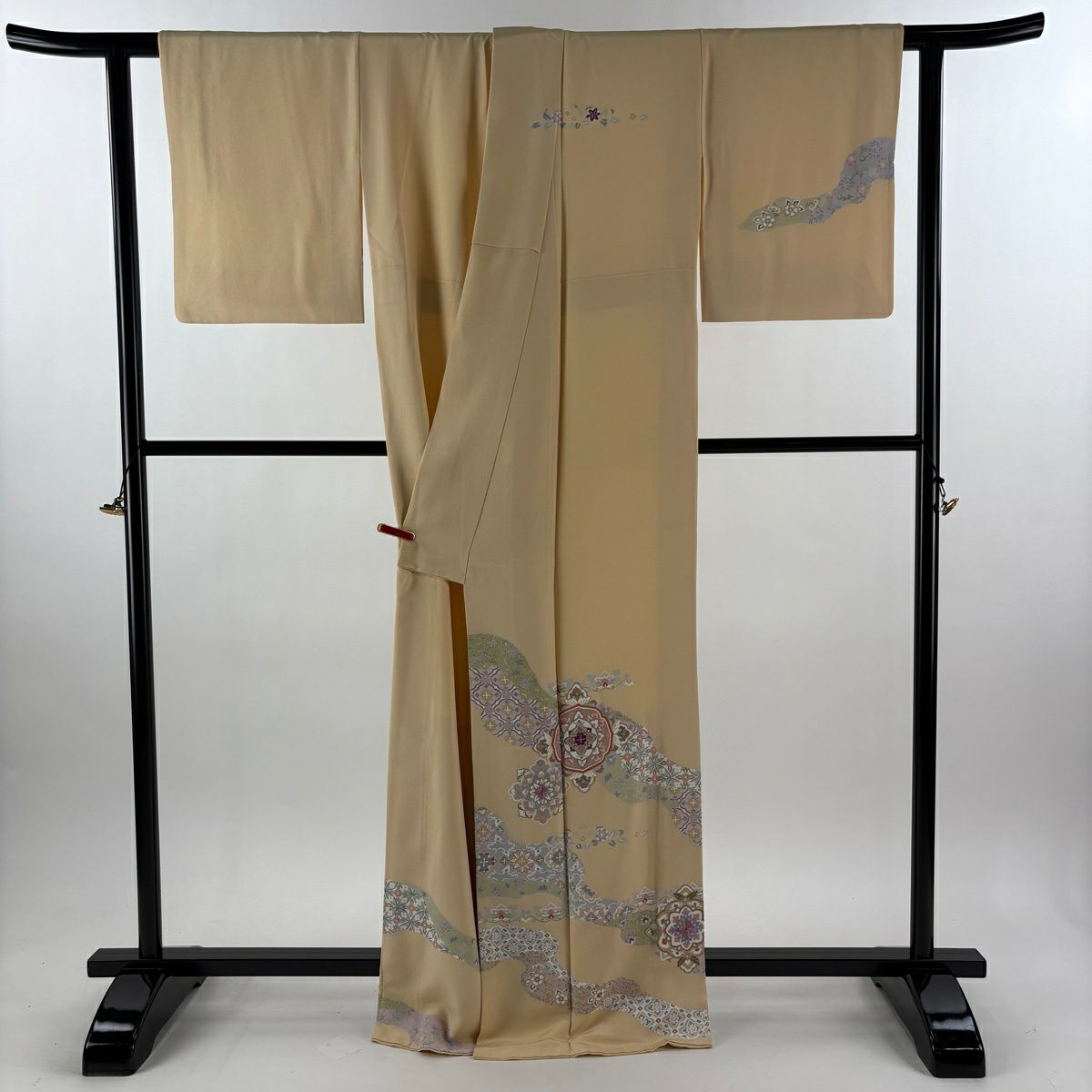 訪問服 身長167cm 袖長62cm S 雙層 帝王紫 落款あり 華紋 花唐草紋 刺繡 金絲 米色 純蠶絲 逸品級