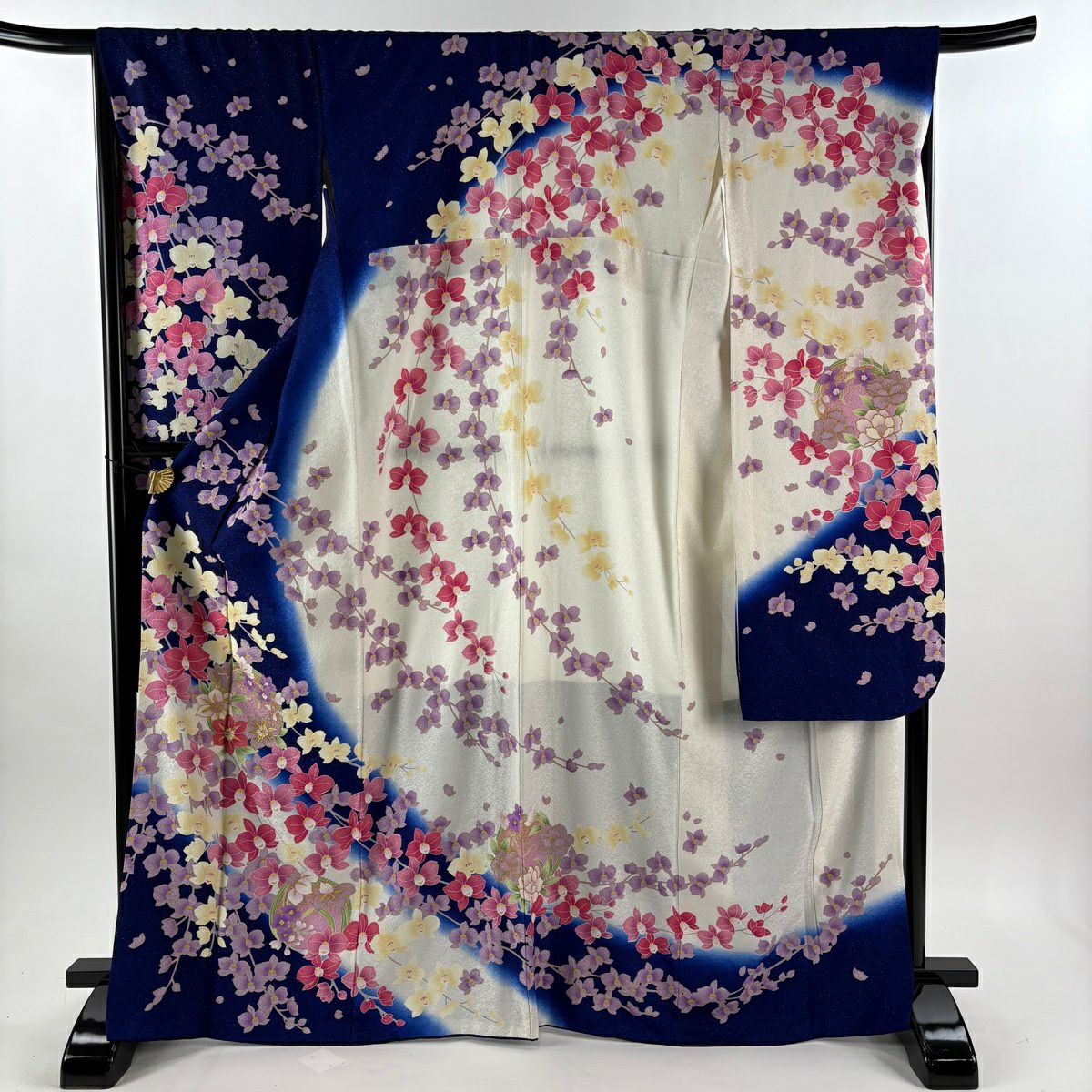 振袖禮服 身長168cm 袖長67.5cm L 雙層 花丸 草花紋紋 金銀彩 深藍 純蠶絲 逸品級