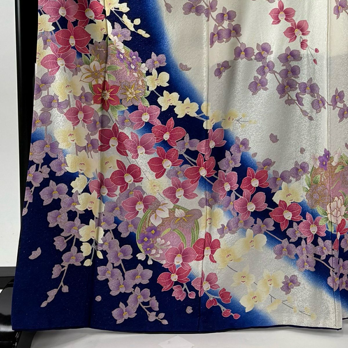 振袖禮服 身長168cm 袖長67.5cm L 雙層 花丸 草花紋紋 金銀彩 深藍 純蠶絲 逸品級