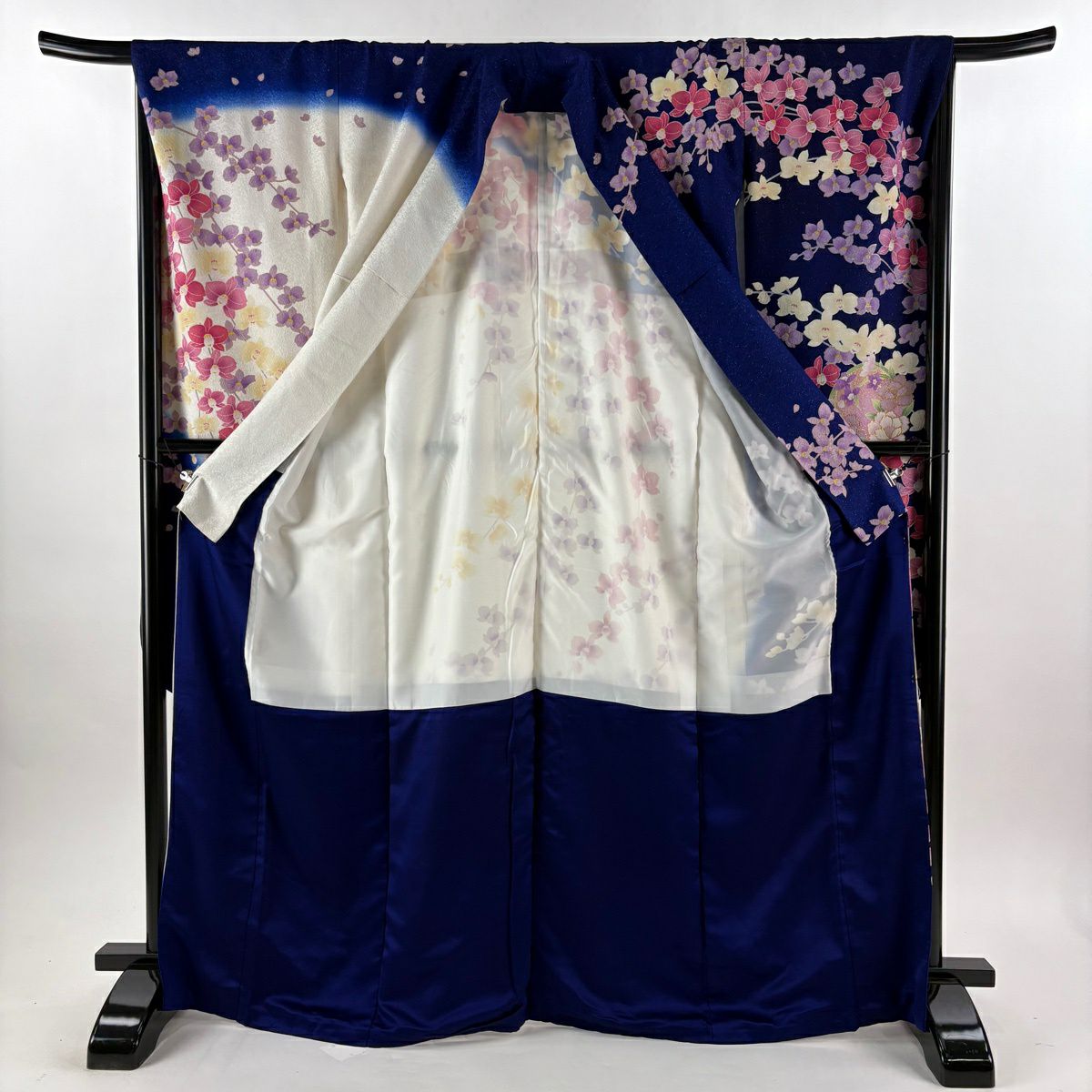振袖禮服 身長168cm 袖長67.5cm L 雙層 花丸 草花紋紋 金銀彩 深藍 純蠶絲 逸品級