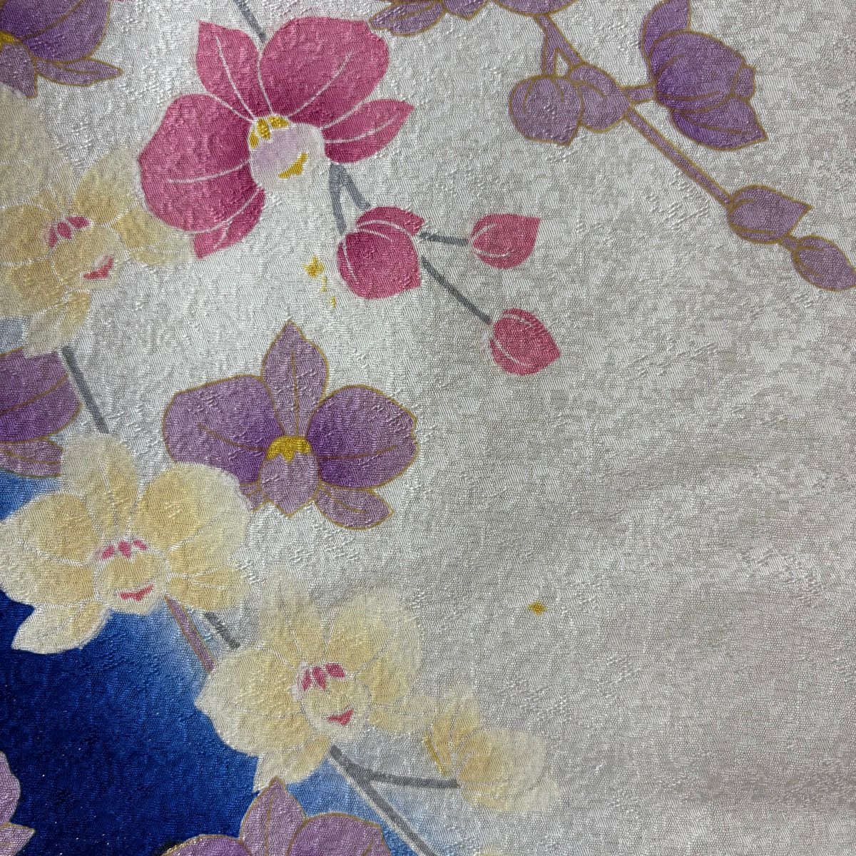 振袖禮服 身長168cm 袖長67.5cm L 雙層 花丸 草花紋紋 金銀彩 深藍 純蠶絲 逸品級