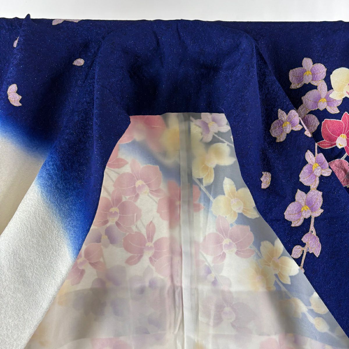 振袖禮服 身長168cm 袖長67.5cm L 雙層 花丸 草花紋紋 金銀彩 深藍 純蠶絲 逸品級