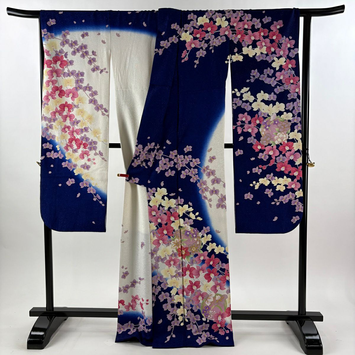 振袖禮服 身長168cm 袖長67.5cm L 雙層 花丸 草花紋紋 金銀彩 深藍 純蠶絲 逸品級