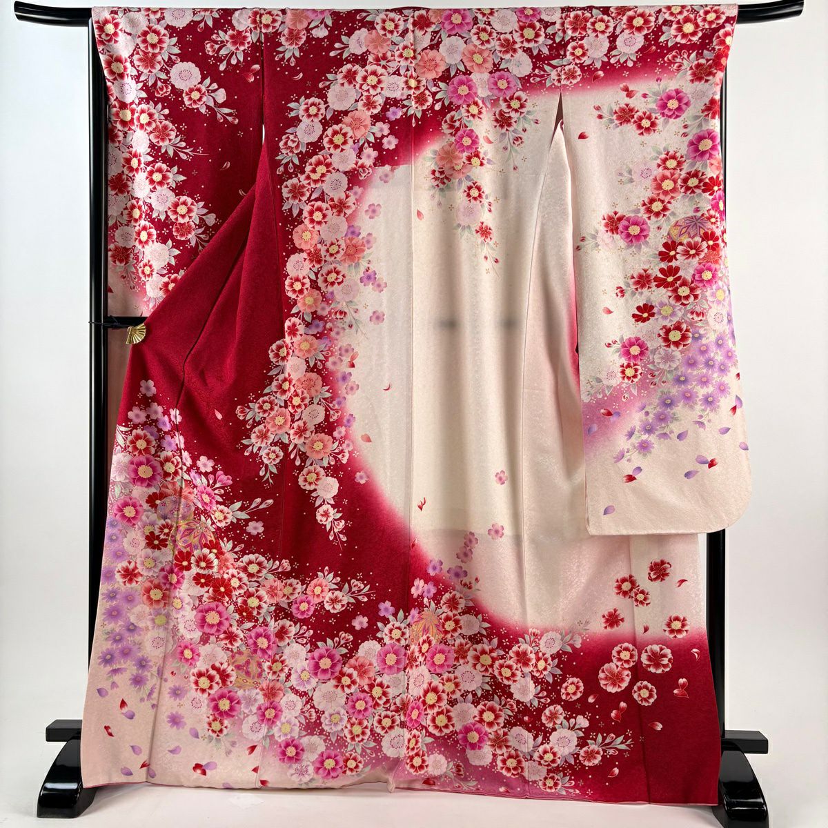 振袖禮服 身長171.5cm 袖長67cm M 雙層 手鞠 櫻花 金銀彩 紅 純蠶絲 逸品級