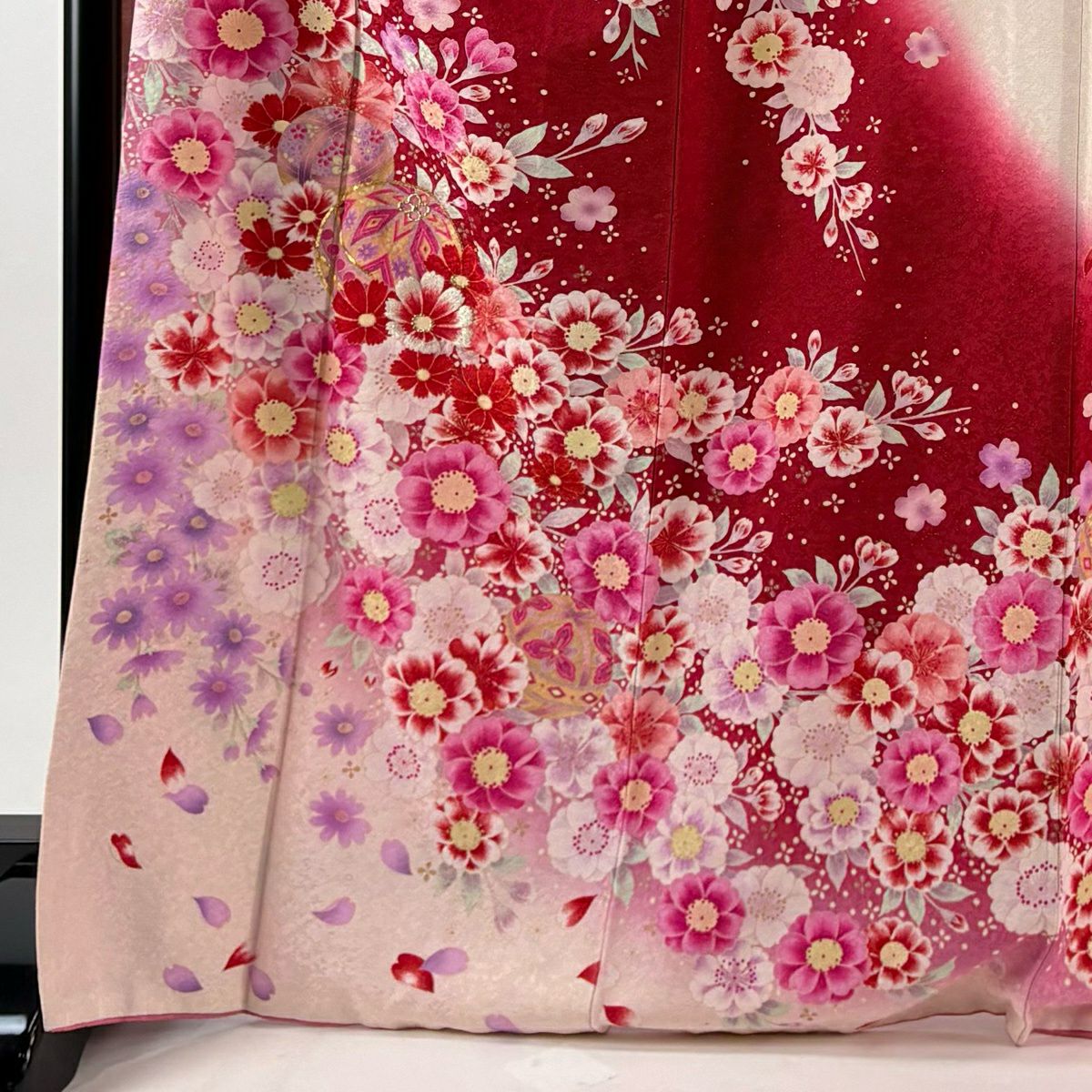 振袖禮服 身長171.5cm 袖長67cm M 雙層 手鞠 櫻花 金銀彩 紅 純蠶絲 逸品級