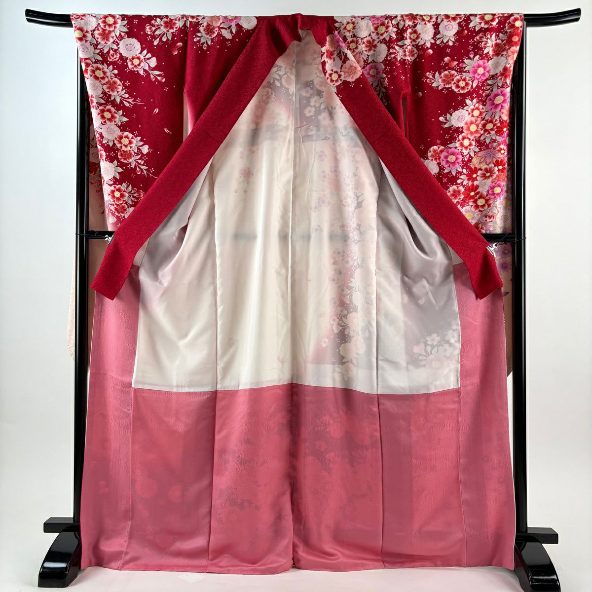 振袖禮服 身長171.5cm 袖長67cm M 雙層 手鞠 櫻花 金銀彩 紅 純蠶絲 逸品級