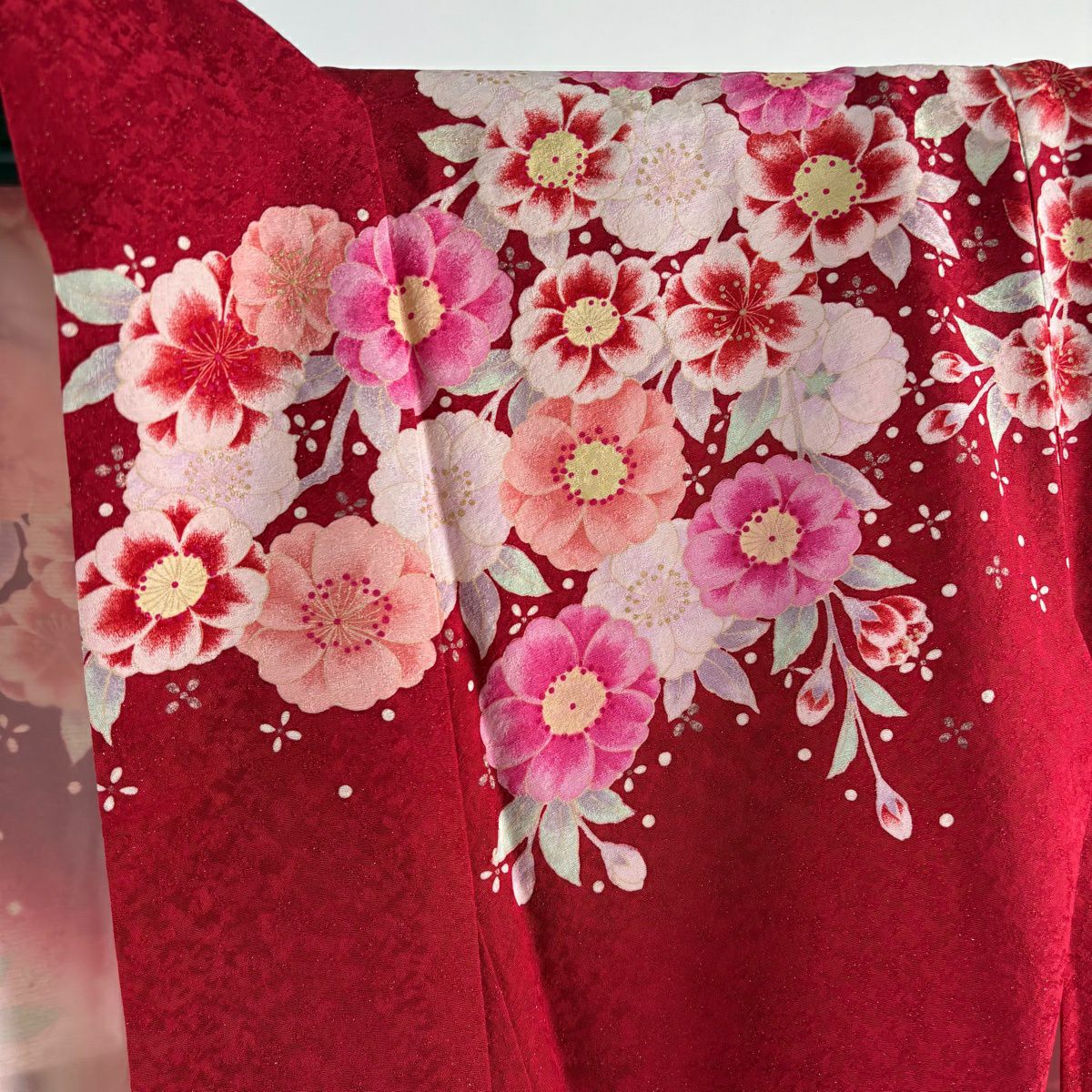 振袖禮服 身長171.5cm 袖長67cm M 雙層 手鞠 櫻花 金銀彩 紅 純蠶絲 逸品級