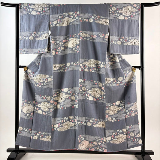 【美品】 小紋 身長156cm 袖長63cm S 雙層 大脇一心 落款あり 人物 草花紋紋 金銀彩 絞染 灰紫 純蠶絲 逸品級