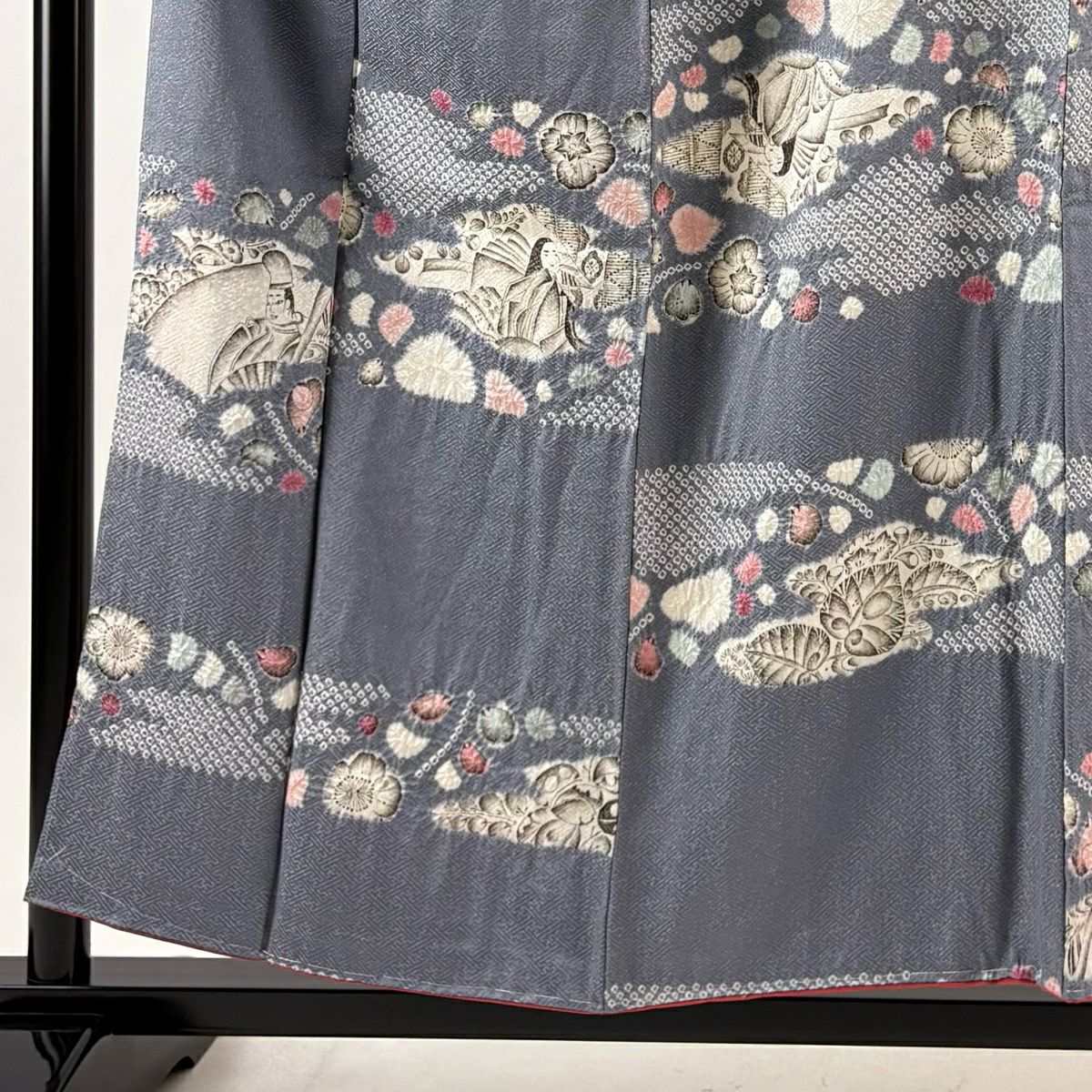 【美品】 小紋 身長156cm 袖長63cm S 雙層 大脇一心 落款あり 人物 草花紋紋 金銀彩 絞染 灰紫 純蠶絲 逸品級