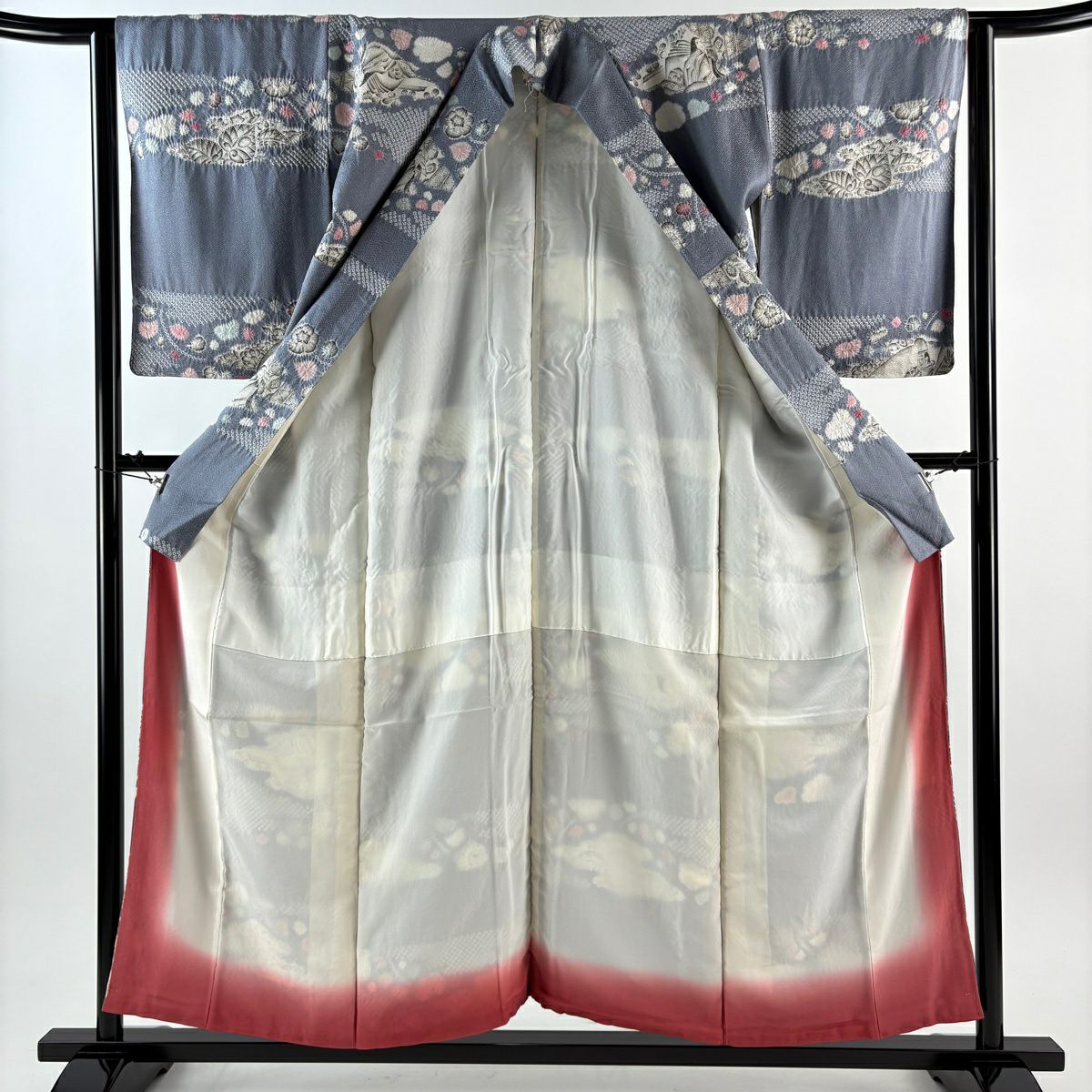 【美品】 小紋 身長156cm 袖長63cm S 雙層 大脇一心 落款あり 人物 草花紋紋 金銀彩 絞染 灰紫 純蠶絲 逸品級