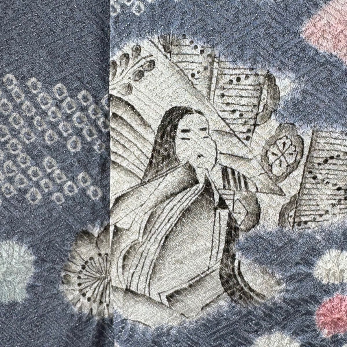 【美品】 小紋 身長156cm 袖長63cm S 雙層 大脇一心 落款あり 人物 草花紋紋 金銀彩 絞染 灰紫 純蠶絲 逸品級