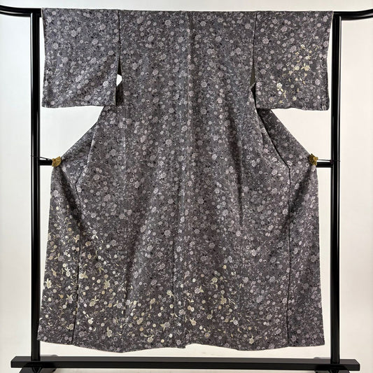 【美品】 付下 身長152cm 袖長62cm S 雙層 お召地 草花紋紋 刺繡 灰紫 純蠶絲 逸品級