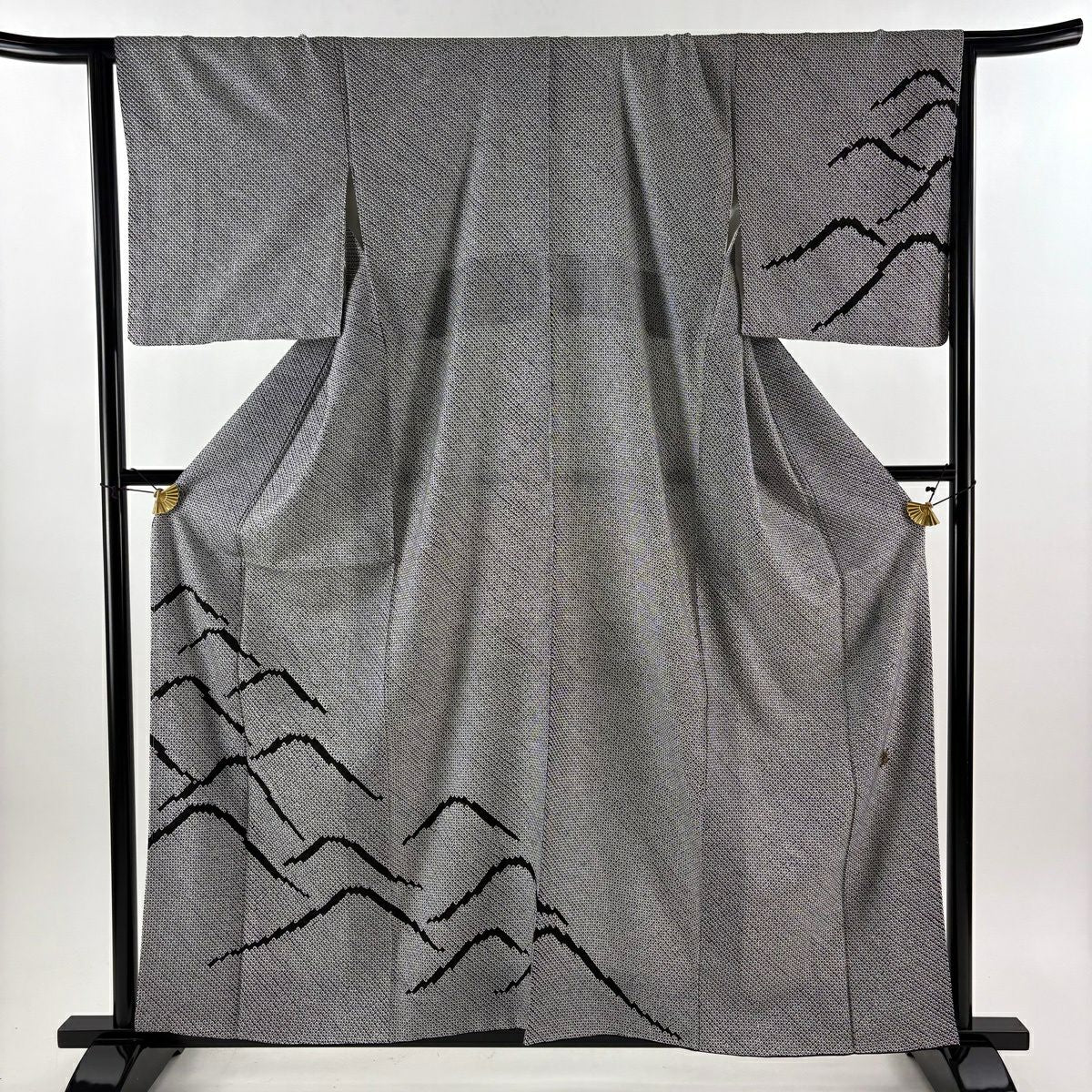 【美品】 付下 身長160cm 袖長65cm M 雙層 藤娘 落款あり 波 絞染 黑灰 純蠶絲 逸品級