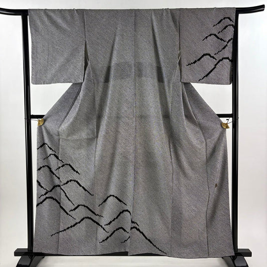 【美品】 付下 身長160cm 袖長65cm M 雙層 藤娘 落款あり 波 絞染 黑灰 純蠶絲 逸品級