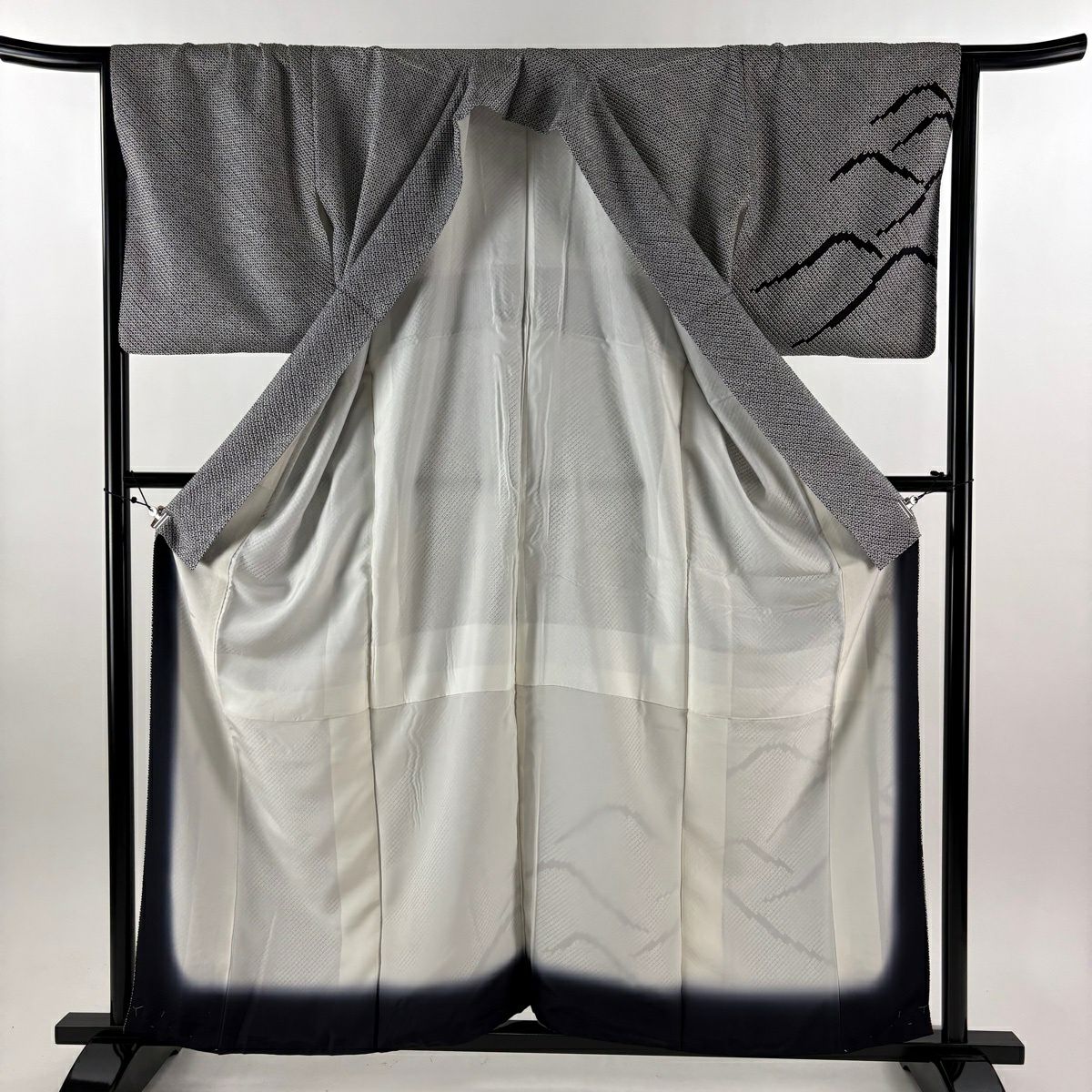【美品】 付下 身長160cm 袖長65cm M 雙層 藤娘 落款あり 波 絞染 黑灰 純蠶絲 逸品級