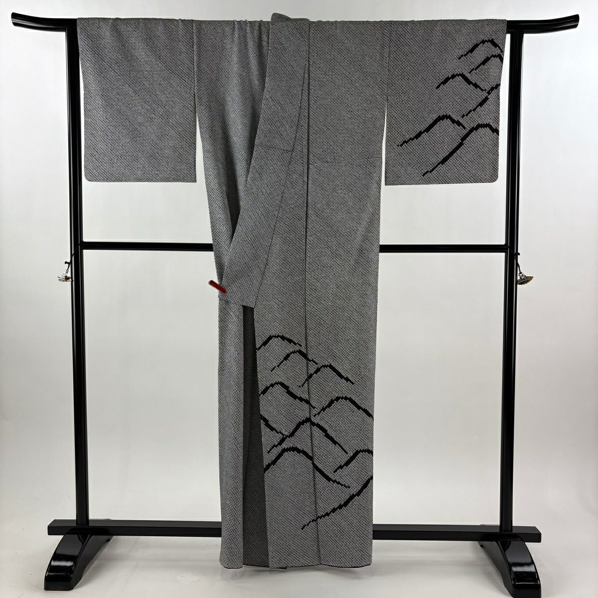 【美品】 付下 身長160cm 袖長65cm M 雙層 藤娘 落款あり 波 絞染 黑灰 純蠶絲 逸品級