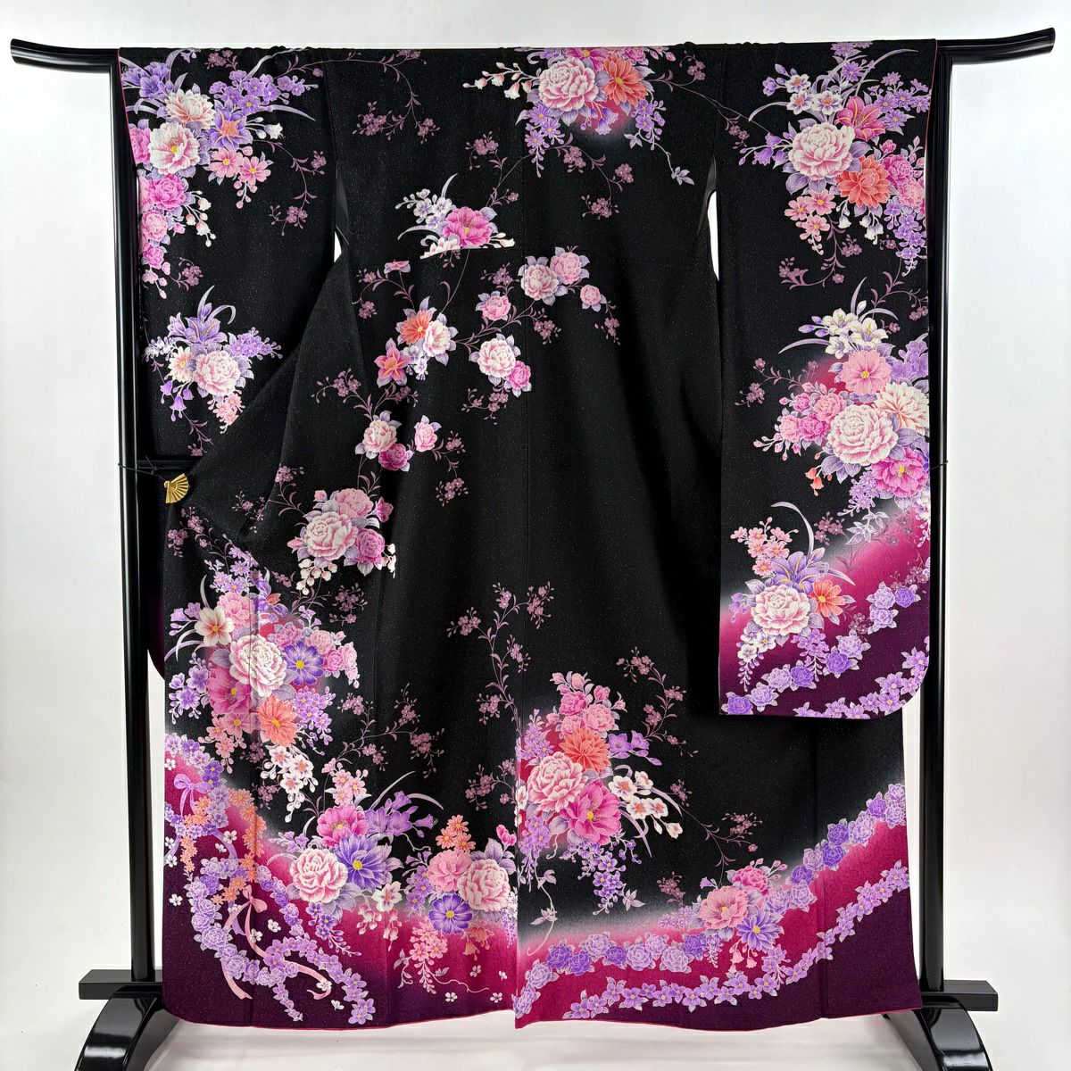 【美品】振袖禮服 身長163cm 袖長65.5cm M 雙層 草花紋紋 薔薇 金銀彩 黑 純蠶絲 逸品級