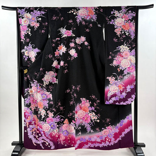 【美品】振袖禮服 身長163cm 袖長65.5cm M 雙層 草花紋紋 薔薇 金銀彩 黑 純蠶絲 逸品級