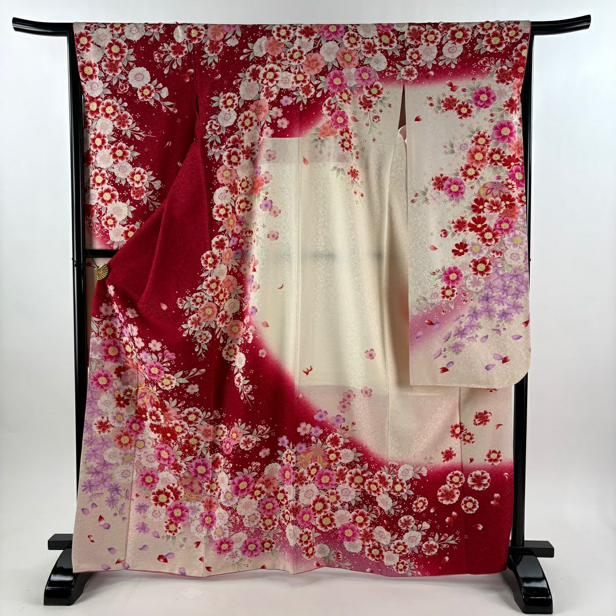 振袖禮服 身長166.5cm 袖長65.5cm M 雙層 手鞠 草花紋紋 銀通 金糸 紅 純蠶絲 逸品級