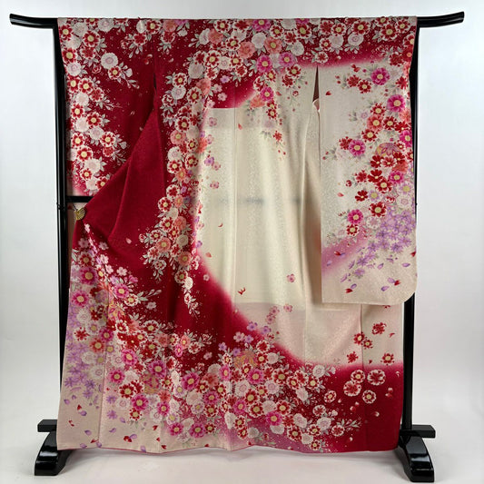 振袖禮服 身長166.5cm 袖長65.5cm M 雙層 手鞠 草花紋紋 銀通 金糸 紅 純蠶絲 逸品級