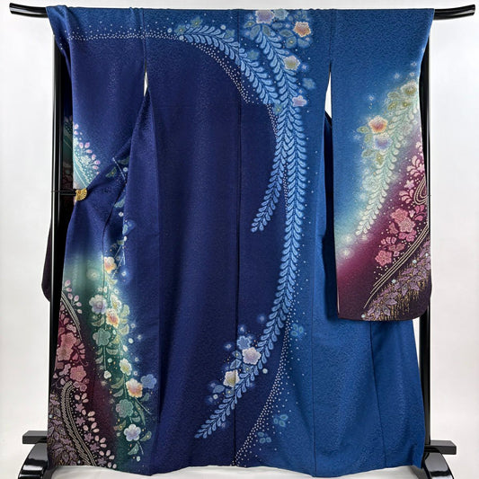 【美品】振袖禮服 身長166cm 袖長69cm L 雙層 辻花染 金銀彩 絞染 深藍 純蠶絲 逸品級