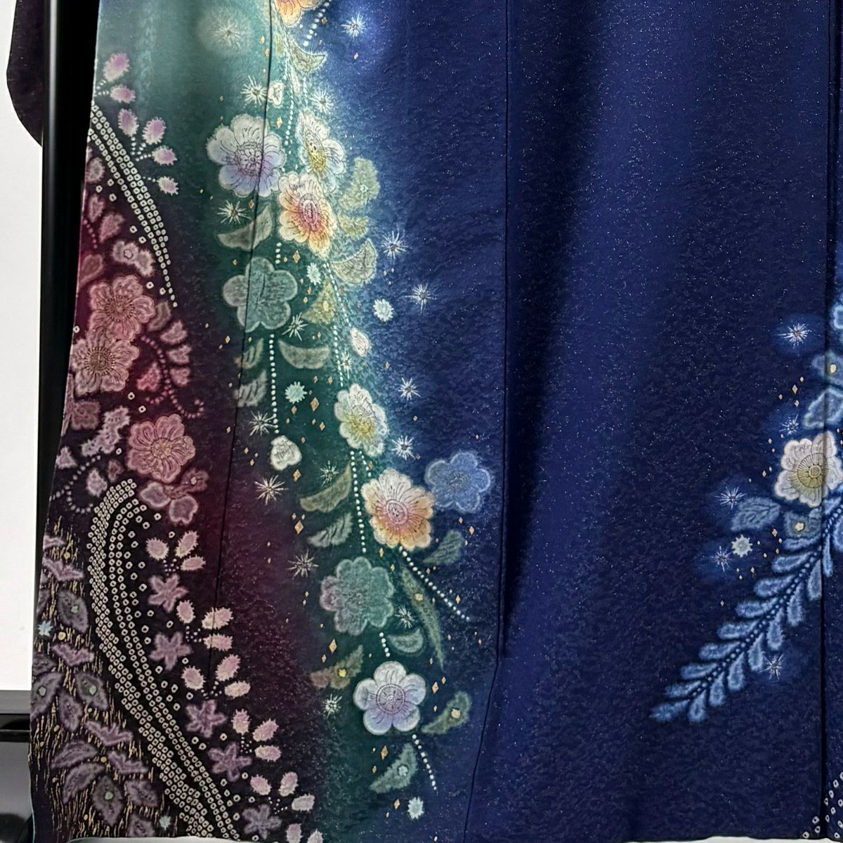 【美品】振袖禮服 身長166cm 袖長69cm L 雙層 辻花染 金銀彩 絞染 深藍 純蠶絲 逸品級