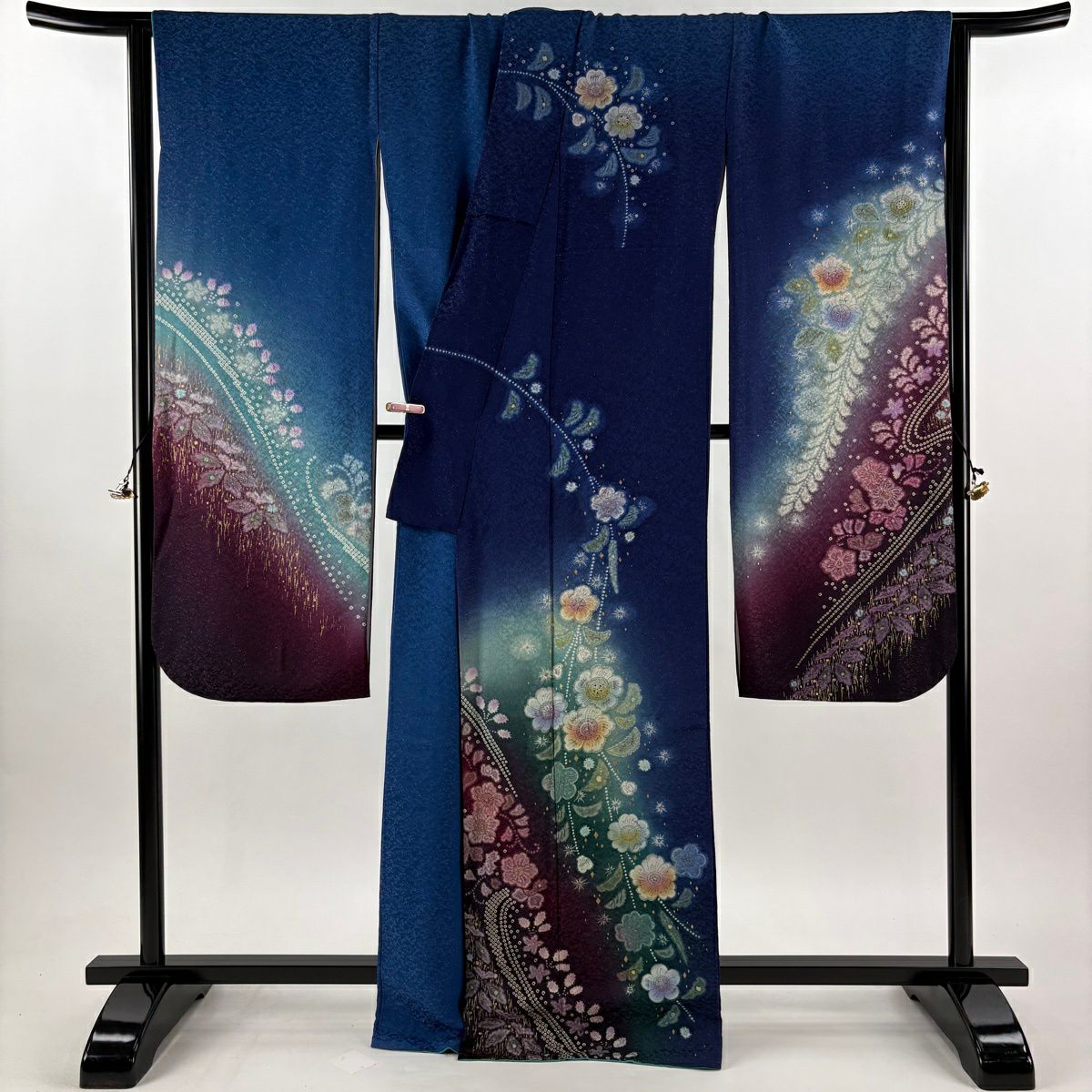 【美品】振袖禮服 身長166cm 袖長69cm L 雙層 辻花染 金銀彩 絞染 深藍 純蠶絲 逸品級