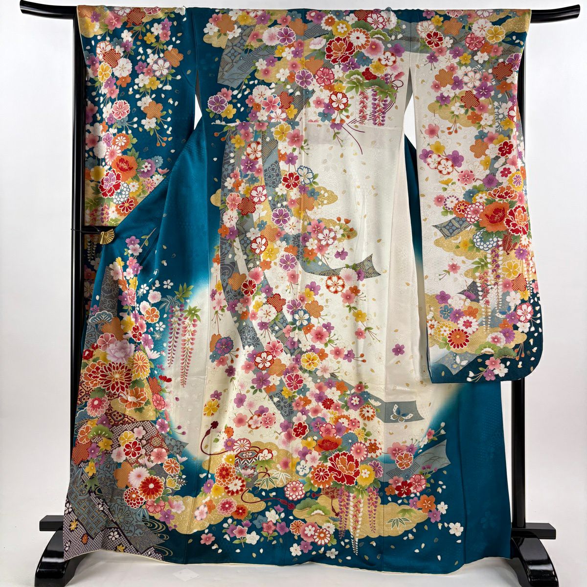 振袖禮服 身長168.5cm 袖長68cm L 雙層 草花紋紋 短冊 金糸 銀通し 青綠 純蠶絲 逸品級