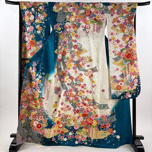 振袖禮服 身長168.5cm 袖長68cm L 雙層 草花紋紋 短冊 金糸 銀通し 青綠 純蠶絲 逸品級