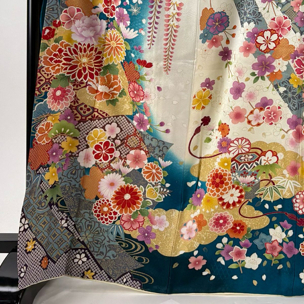 振袖禮服 身長168.5cm 袖長68cm L 雙層 草花紋紋 短冊 金糸 銀通し 青綠 純蠶絲 逸品級