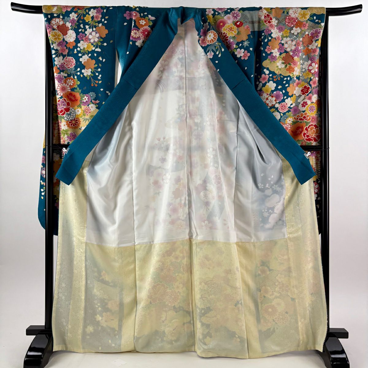 振袖禮服 身長168.5cm 袖長68cm L 雙層 草花紋紋 短冊 金糸 銀通し 青綠 純蠶絲 逸品級