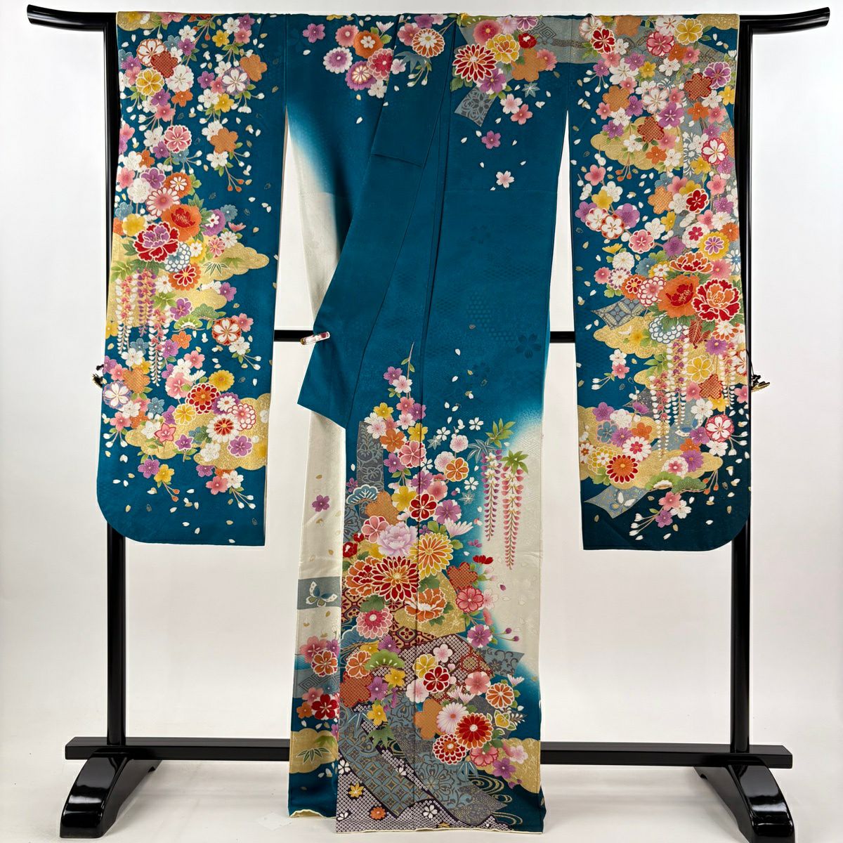 振袖禮服 身長168.5cm 袖長68cm L 雙層 草花紋紋 短冊 金糸 銀通し 青綠 純蠶絲 逸品級