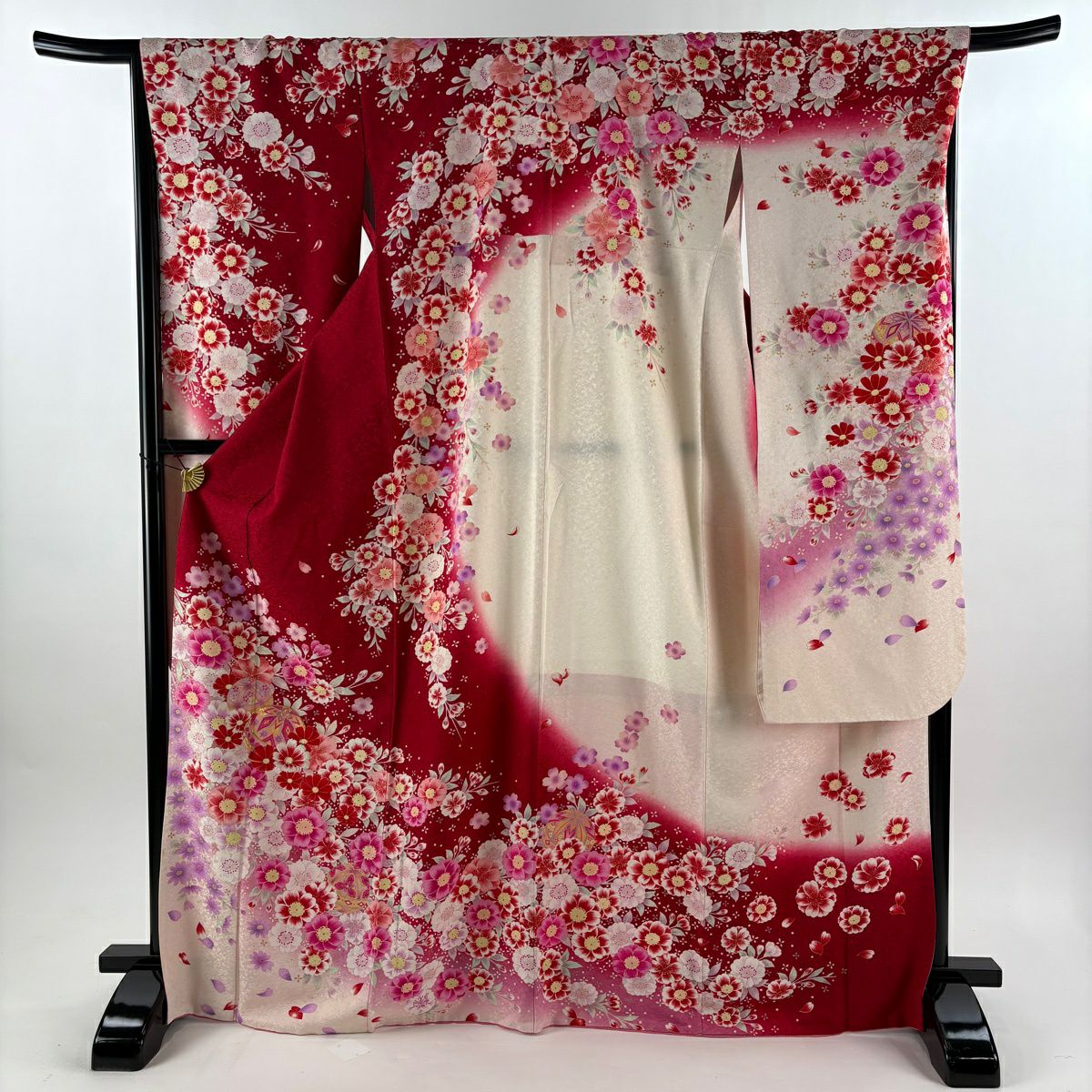 振袖禮服 身長170.5cm 袖長68cm L 雙層 手鞠 草花紋紋 金銀彩 紅 純蠶絲 逸品級