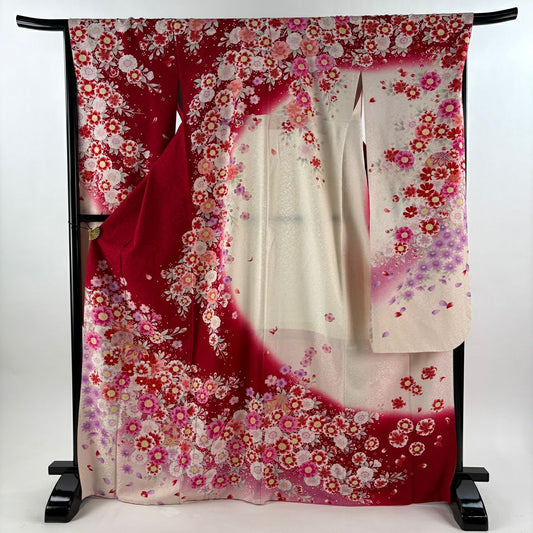 振袖禮服 身長170.5cm 袖長68cm L 雙層 手鞠 草花紋紋 金銀彩 紅 純蠶絲 逸品級