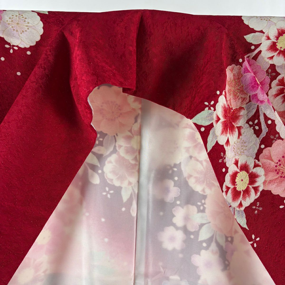 振袖禮服 身長170.5cm 袖長68cm L 雙層 手鞠 草花紋紋 金銀彩 紅 純蠶絲 逸品級
