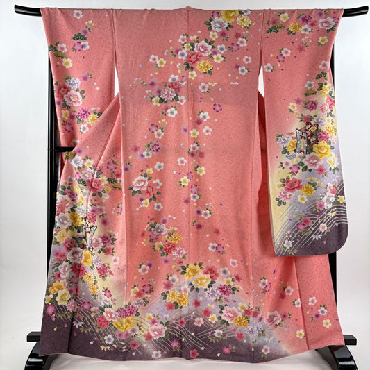 振袖禮服 身長166cm 袖長73cm L 雙層 御所車 草花紋紋 刺繡 金通し 鮭粉色 純蠶絲 逸品級