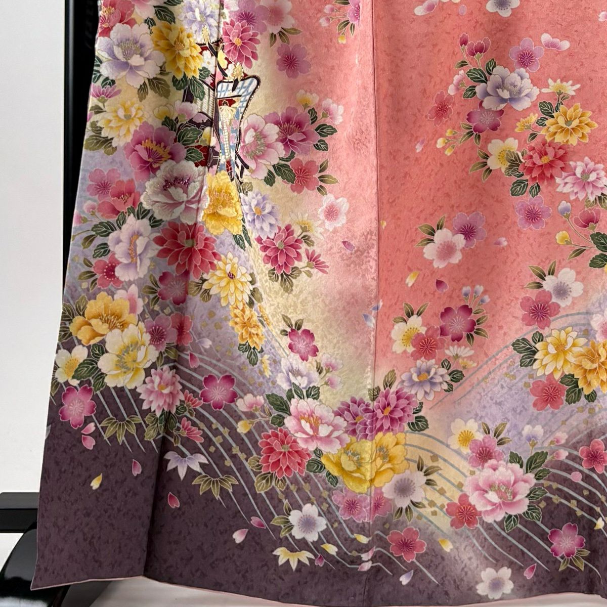 振袖禮服 身長166cm 袖長73cm L 雙層 御所車 草花紋紋 刺繡 金通し 鮭粉色 純蠶絲 逸品級