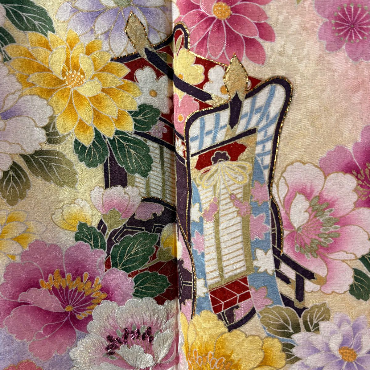 振袖禮服 身長166cm 袖長73cm L 雙層 御所車 草花紋紋 刺繡 金通し 鮭粉色 純蠶絲 逸品級