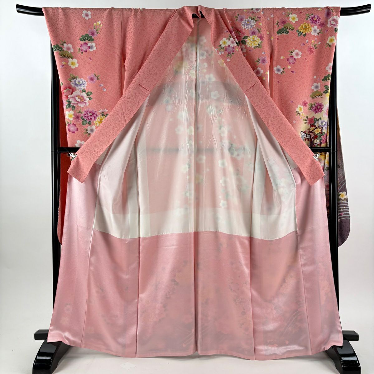 振袖禮服 身長166cm 袖長73cm L 雙層 御所車 草花紋紋 刺繡 金通し 鮭粉色 純蠶絲 逸品級