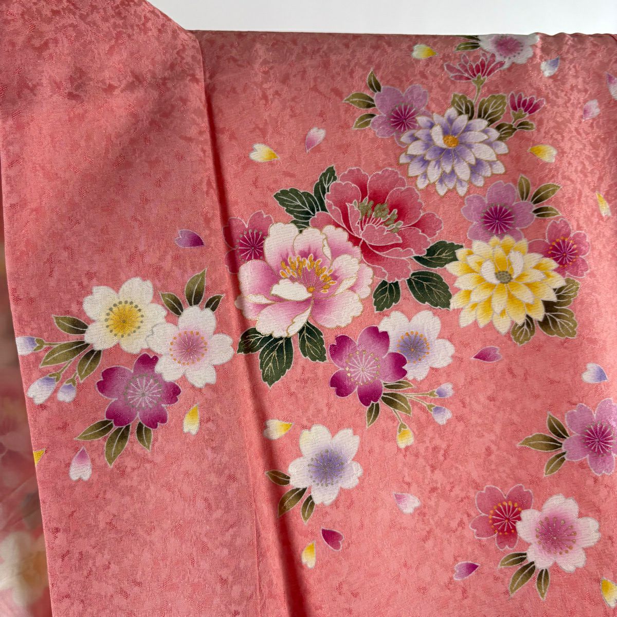 振袖禮服 身長166cm 袖長73cm L 雙層 御所車 草花紋紋 刺繡 金通し 鮭粉色 純蠶絲 逸品級