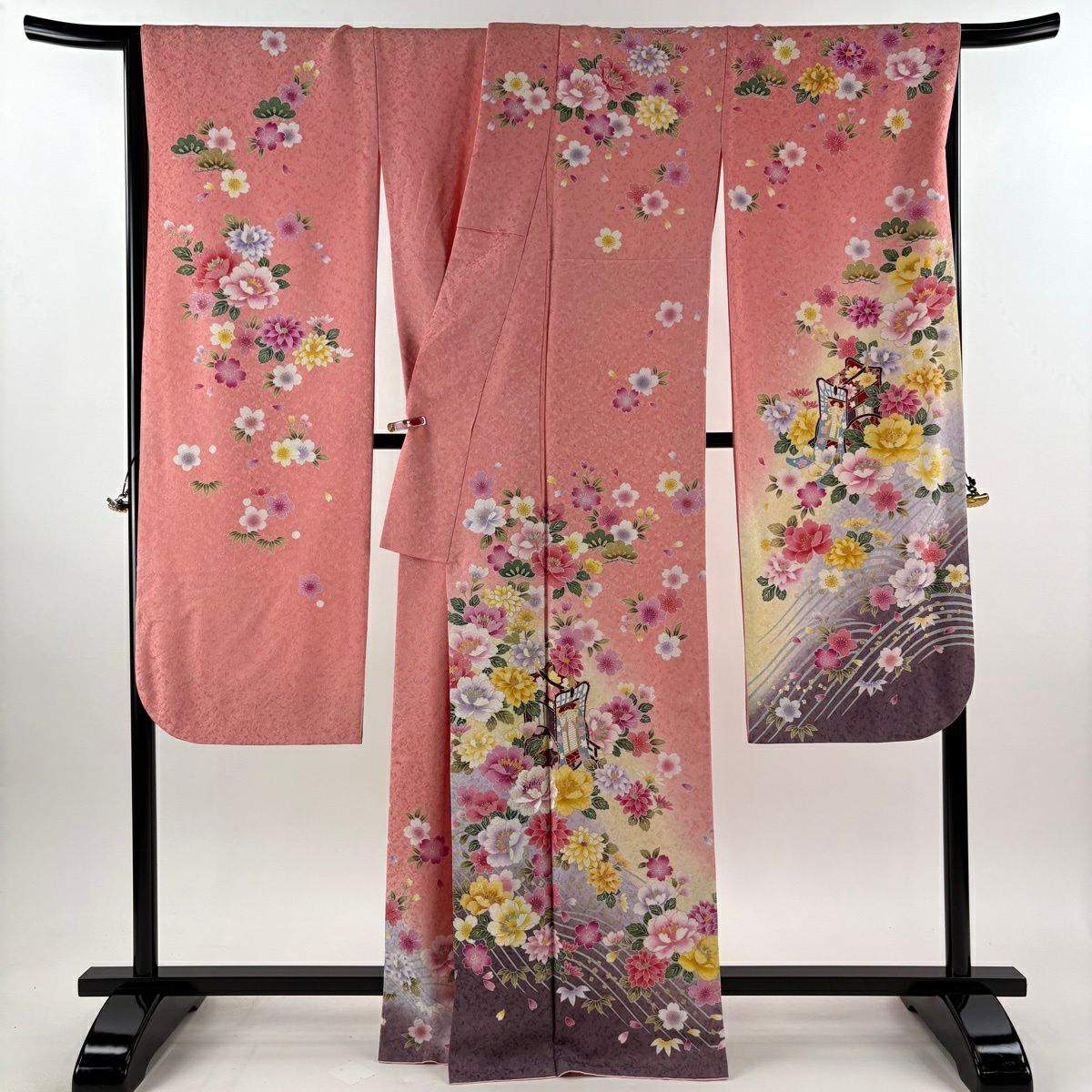 振袖禮服 身長166cm 袖長73cm L 雙層 御所車 草花紋紋 刺繡 金通し 鮭粉色 純蠶絲 逸品級