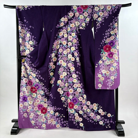 【美品】振袖禮服 身長167cm 袖長70cm L 雙層櫻花瓣 金銀線 金銀彩 深紫 純蠶絲 逸品級