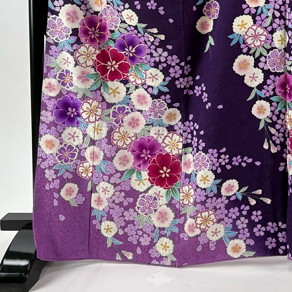 【美品】振袖禮服 身長167cm 袖長70cm L 雙層櫻花瓣 金銀線 金銀彩 深紫 純蠶絲 逸品級