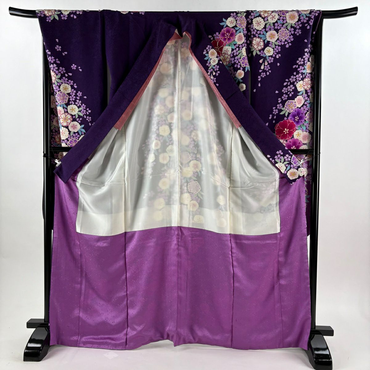 【美品】振袖禮服 身長167cm 袖長70cm L 雙層櫻花瓣 金銀線 金銀彩 深紫 純蠶絲 逸品級
