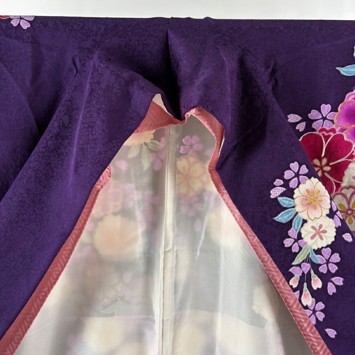 【美品】振袖禮服 身長167cm 袖長70cm L 雙層櫻花瓣 金銀線 金銀彩 深紫 純蠶絲 逸品級