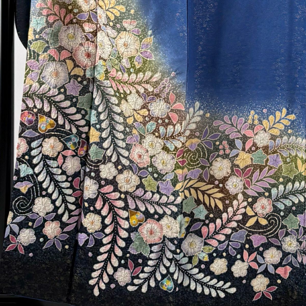 【美品】振袖禮服 身長160.5cm 袖長65cm M 雙層 徳永正峰 落款あり 辻花染 金銀彩 ぼかし 青 純蠶絲 逸品級
