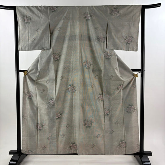 【美品】 大島紬織 身長160.5cm 袖長64.5cm M 雙層 都喜ヱ門 證書あり 草花紋 灰綠 純蠶絲 逸品級