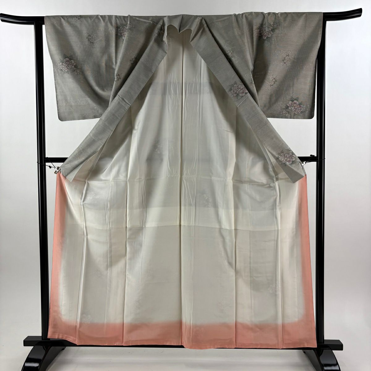 【美品】 大島紬織 身長160.5cm 袖長64.5cm M 雙層 都喜ヱ門 證書あり 草花紋 灰綠 純蠶絲 逸品級